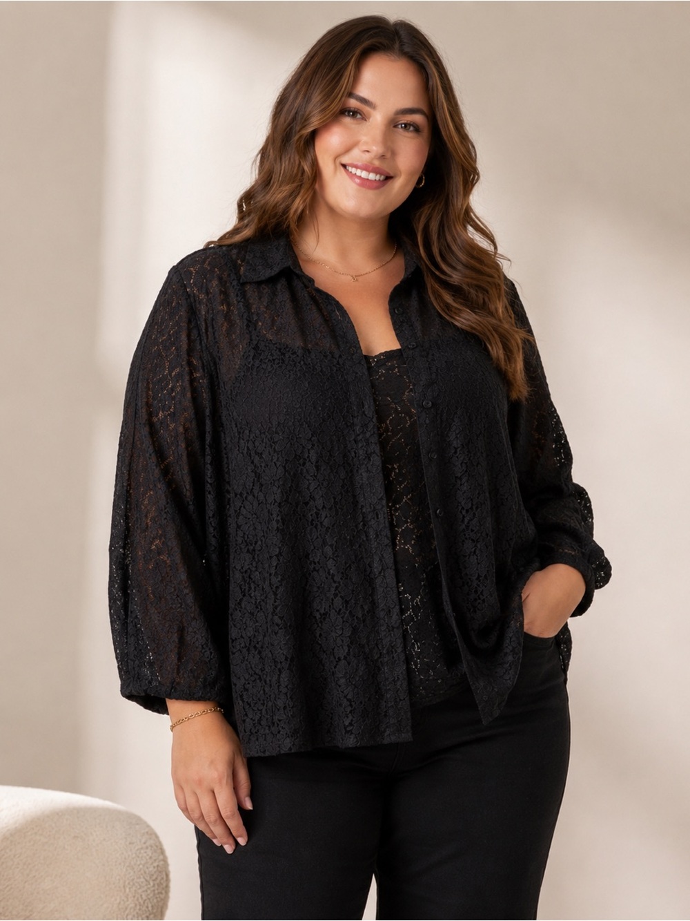 Michael Kors Feminine Black Lace Summer Floral Beach Blouse Plus 1X Sheer Office